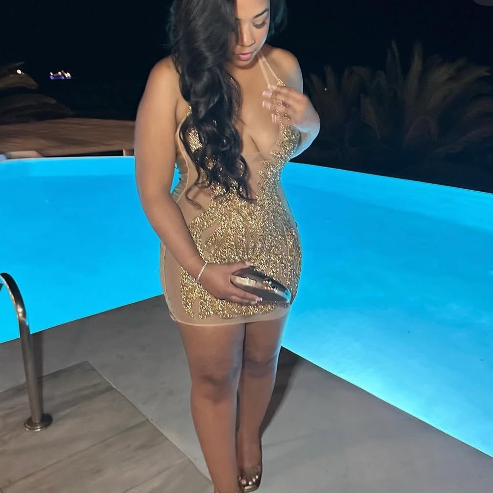 Custom Hand-Beaded Gold Mini Dress with Mesh and Plunge Neckline